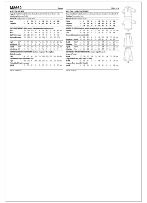 McCall's sewing pattern 8662 Misses' Top and Skirt from Jaycotts Sewing Supplies