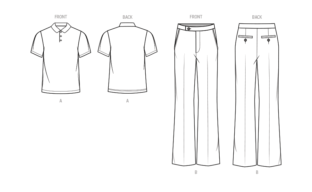 Know Me sewing pattern 2035 Men's Polo Shirt and Pants from Jaycotts Sewing Supplies