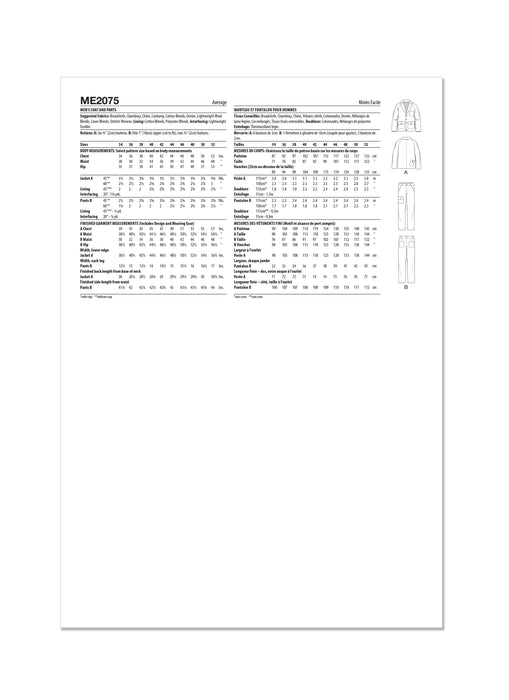 Know Me sewing pattern KM2075 Men's Jacket and Pants by Donny Q from Jaycotts Sewing Supplies