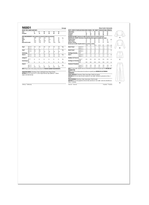 New Look sewing pattern 6801 Tie Front Tops, Shorts and Pants from Jaycotts Sewing Supplies