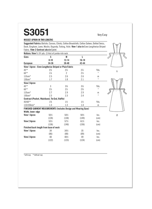 Simplicity sewing pattern S3051 Misses' Apron in Two Lengths from Jaycotts Sewing Supplies