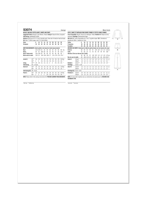 Simplicity sewing pattern 3074 Misses' / Petite Jacket, Shorts and Pants from Jaycotts Sewing Supplies