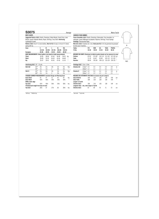 Simplicity sewing pattern 3075 Men's Shirts from Jaycotts Sewing Supplies