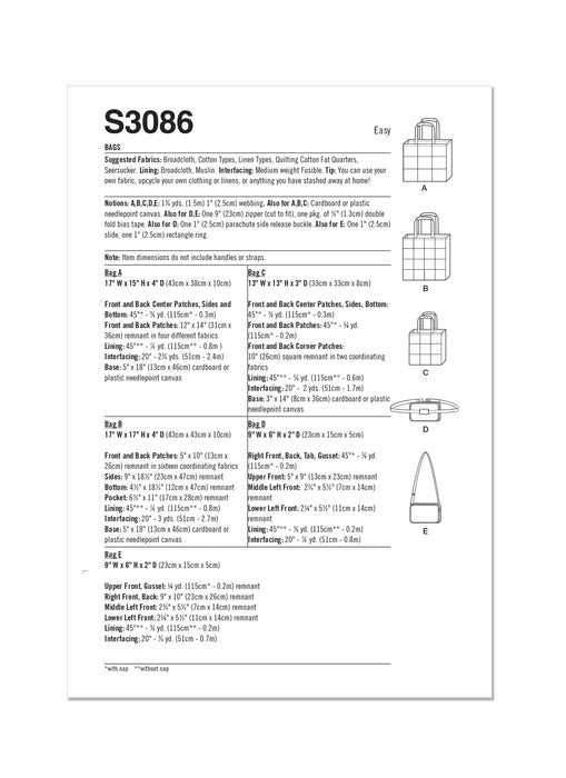 Simplicity sewing pattern 3086 Bags from Jaycotts Sewing Supplies