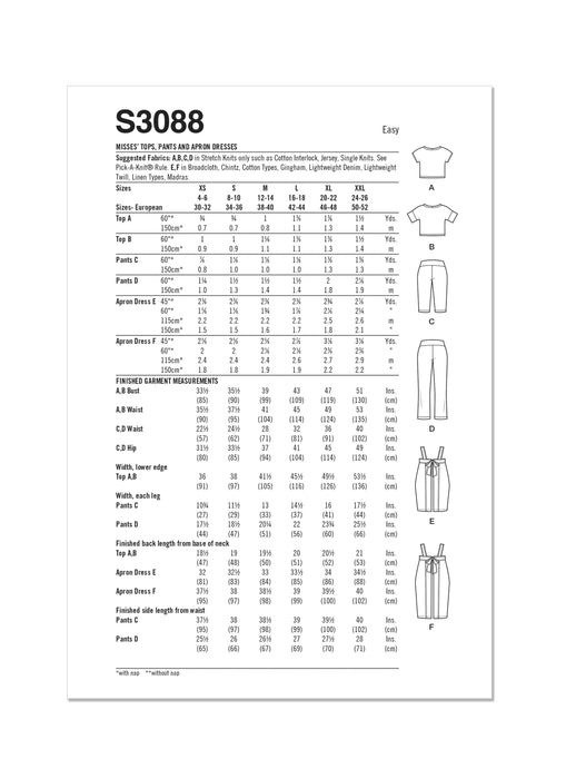 Simplicity pattern 3088 Tops, Pants and Apron Dresses by Elaine Heigl Designs from Jaycotts Sewing Supplies