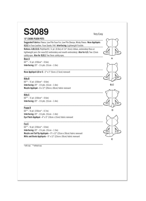 Simplicity sewing pattern 3089 Plush Pets by Elaine Heigl Designs from Jaycotts Sewing Supplies