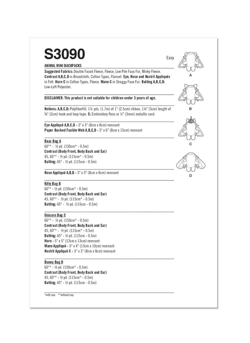Simplicity sewing pattern 3090 Animal Mini Backpacks from Jaycotts Sewing Supplies