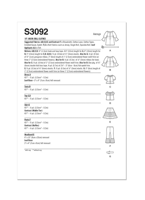 Simplicity sewing pattern 3092 18" Doll Clothes by Carla Reiss from Jaycotts Sewing Supplies