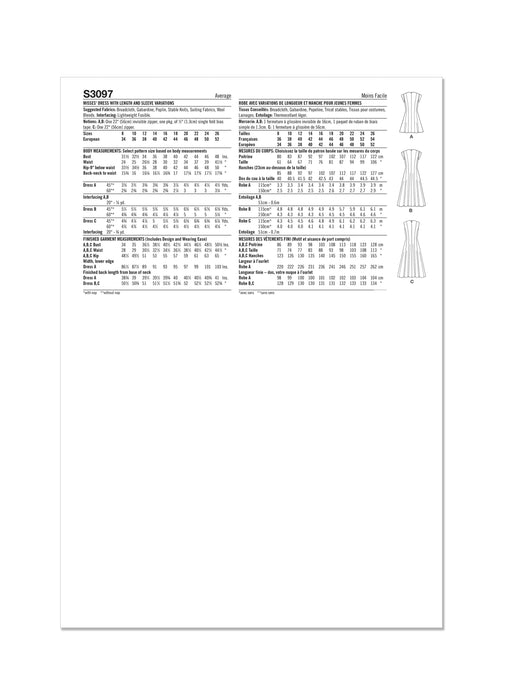 Simplicity sewing pattern 3097 Dress with Length and Sleeve Variations from Jaycotts Sewing Supplies