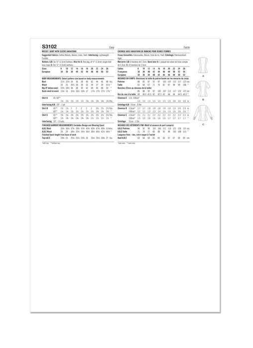Simplicity sewing pattern 3102 Shirt with Sleeve Variations from Jaycotts Sewing Supplies