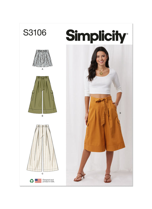 Simplicity sewing pattern 3106 Shorts and Pants with Tie Belt from Jaycotts Sewing Supplies