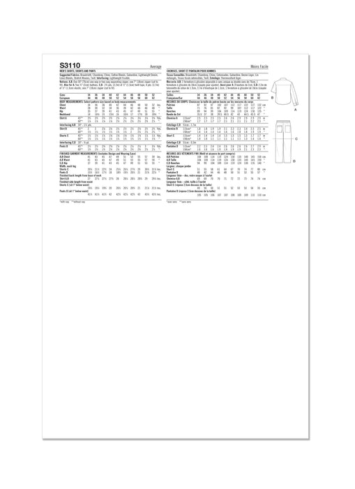 Simplicity sewing pattern 3110 Men's Shirts, Shorts and Trousers from Jaycotts Sewing Supplies