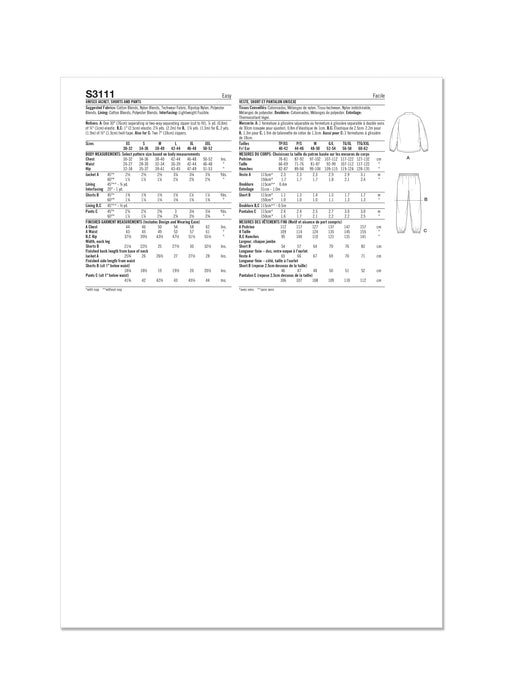 Simplicity sewing pattern 3111 Unisex Jacket, Shorts and Trousers from Jaycotts Sewing Supplies