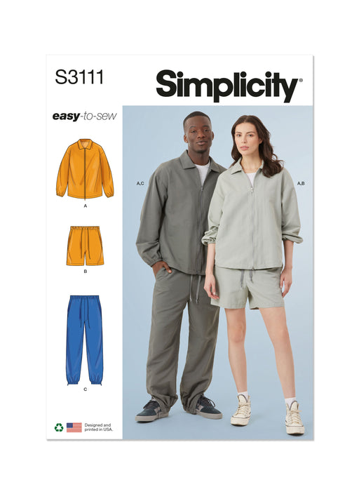 Simplicity sewing pattern 3111 Unisex Jacket, Shorts and Trousers from Jaycotts Sewing Supplies
