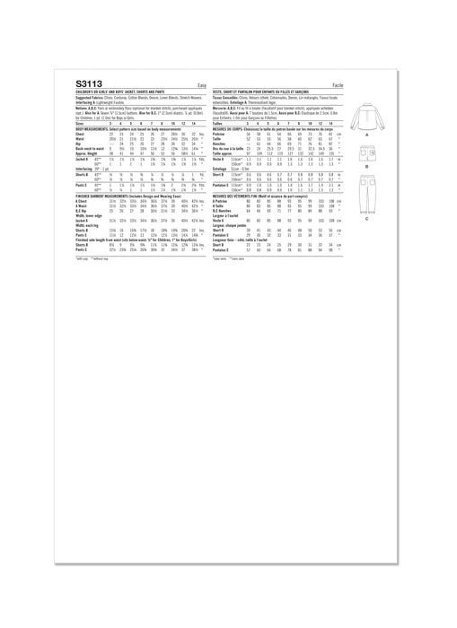 Simplicity sewing pattern 3113 Children's  Jacket, Shorts and Trousers from Jaycotts Sewing Supplies