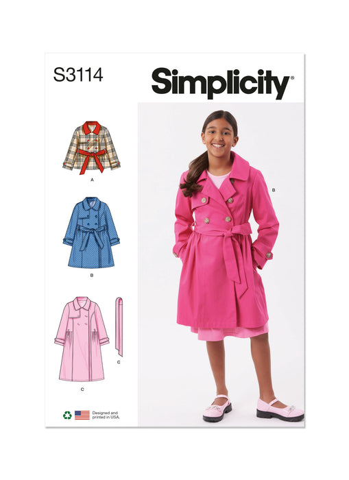 Simplicity sewing pattern 3114 Girls' Trench Coat in Three Lengths from Jaycotts Sewing Supplies
