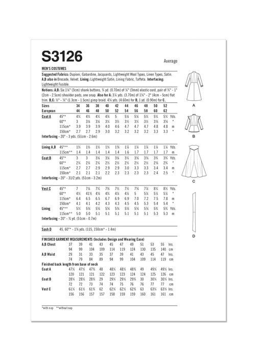 Simplicity sewing pattern 3126 Men's Costumes from Jaycotts Sewing Supplies