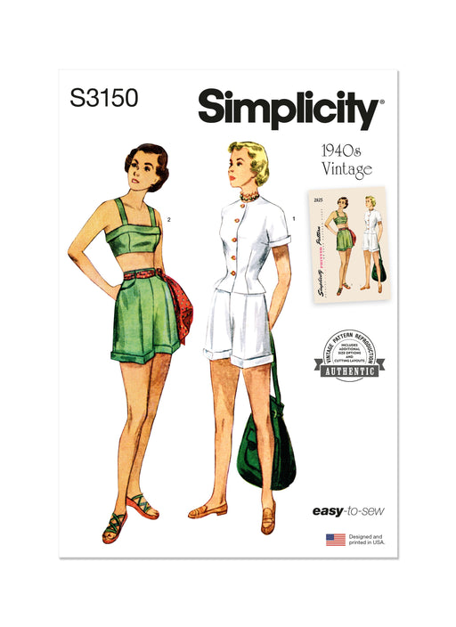 Simplicity Sewing Pattern 3150 Vintage 1940's Jacket, Bra and Shorts from Jaycotts Sewing Supplies
