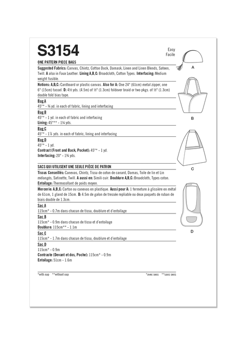 Simplicity Sewing Pattern 3154 One Pattern Piece Bags from Jaycotts Sewing Supplies