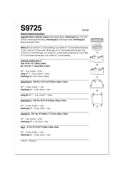 Simplicity 9725 Wheeled Walker Accessories Sewing pattern from Jaycotts Sewing Supplies