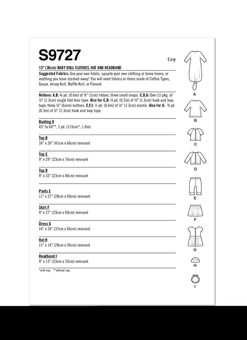 Simplicity 9727 Baby Doll Clothes Sewing pattern from Jaycotts Sewing Supplies