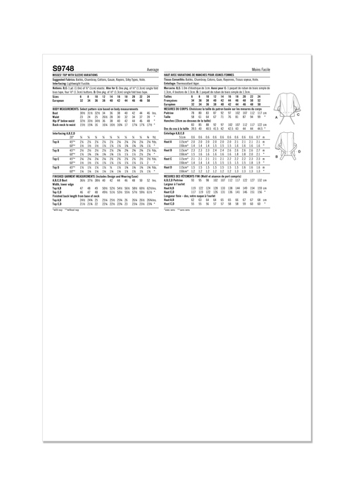Simplicity 9748 sewing pattern Misses' Top with Sleeve Variations from Jaycotts Sewing Supplies