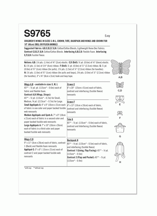 Simplicity S9765 Children's Backpack and Wings pattern from Jaycotts Sewing Supplies