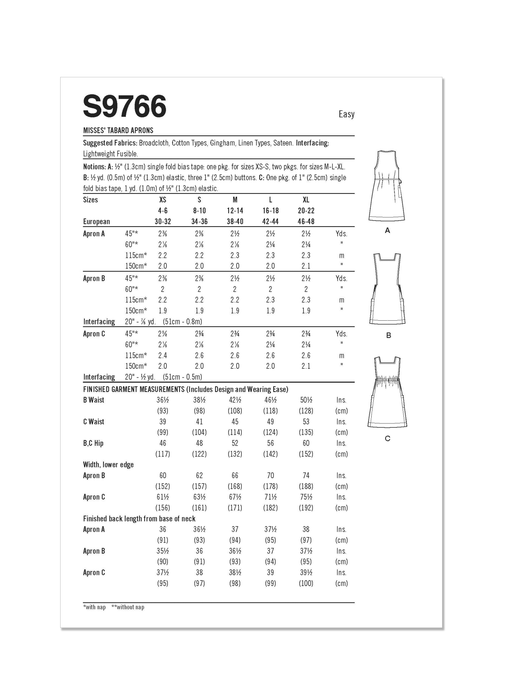 Simplicity 9766 sewing pattern Misses' Tabard Aprons by Elaine Heigl Designs from Jaycotts Sewing Supplies