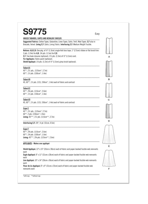 Simplicity 9775 sewing pattern Tabards, Capes and Heraldic Shields from Jaycotts Sewing Supplies