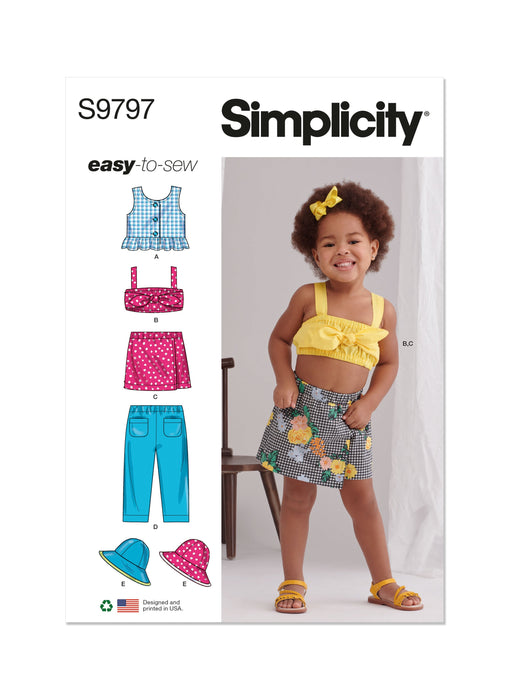 Simplicity sewing pattern 9797 Toddlers' Tops, Skort, Pants and Hat from Jaycotts Sewing Supplies