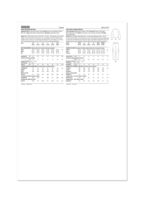 Simplicity sewing pattern 9828 Unisex Sweatshirt and Pants from Jaycotts Sewing Supplies