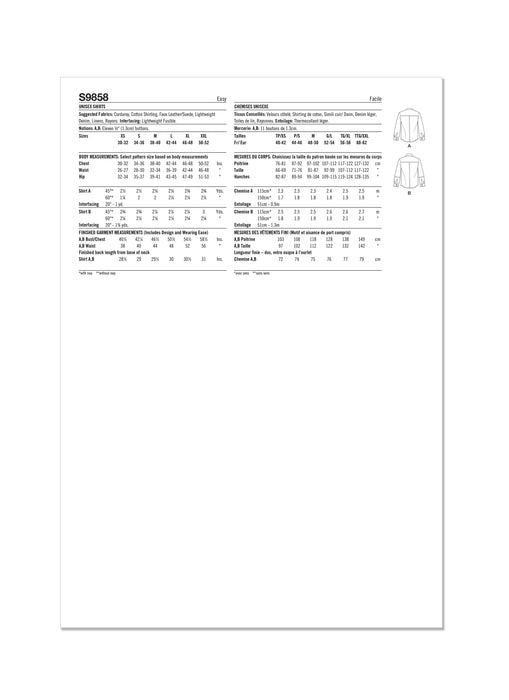 Simplicity Sewing Pattern 9858 Unisex Shirts from Jaycotts Sewing Supplies