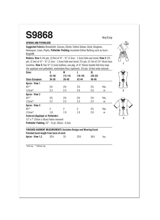 Simplicity Sewing Pattern 9868 Aprons and Potholder from Jaycotts Sewing Supplies