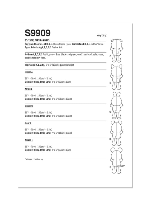 Simplicity Sewing Pattern 9909 Plush Animals By Carla Reiss Design from Jaycotts Sewing Supplies