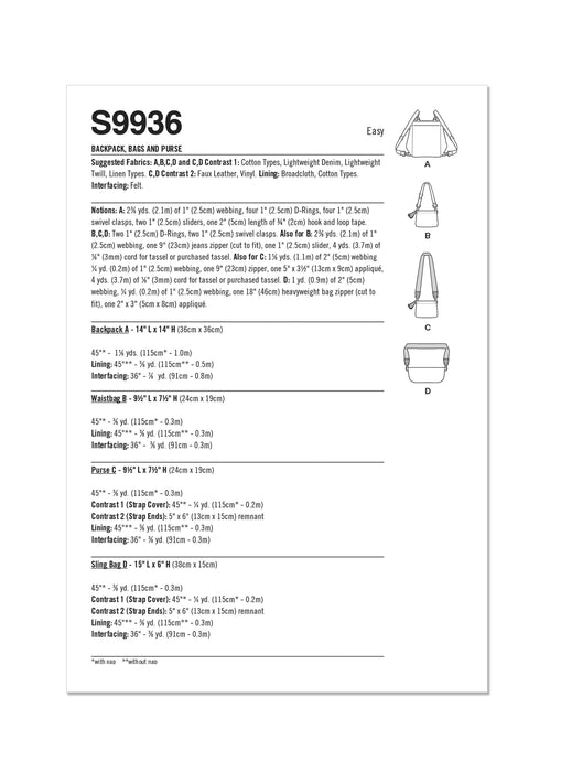 Simplicity Sewing Pattern 9936 Backpack, Bags and Purse by Elaine Heigl Designs from Jaycotts Sewing Supplies