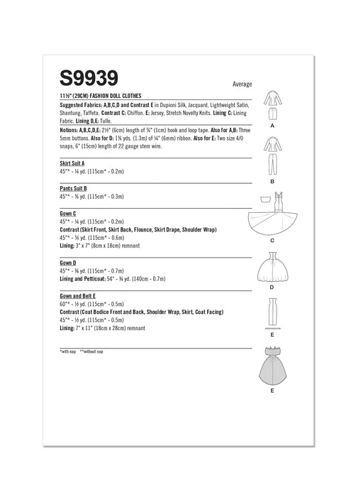 Simplicity Sewing Pattern 9939 Fashion Doll Clothes by Andrea Schewe Designs from Jaycotts Sewing Supplies