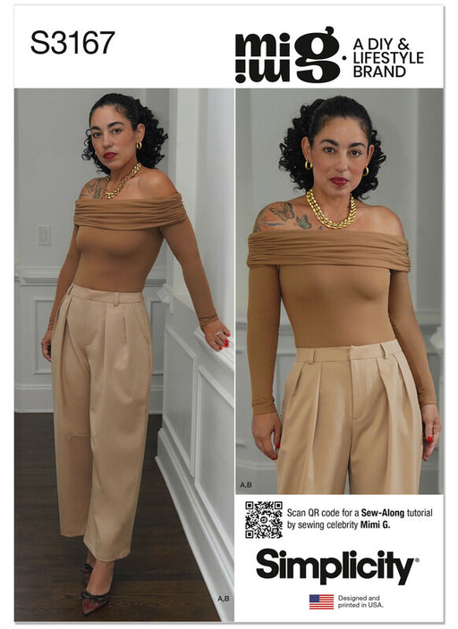 Simplicity pattern S3167 Off The Shoulder Knit Top and Woven Trousers by Mimi G Style from Jaycotts Sewing Supplies