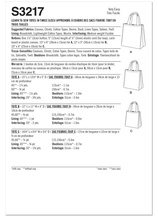 Simplicity Sewing Pattern 3217 Learn to Sew Totes in Three Sizes from Jaycotts Sewing Supplies
