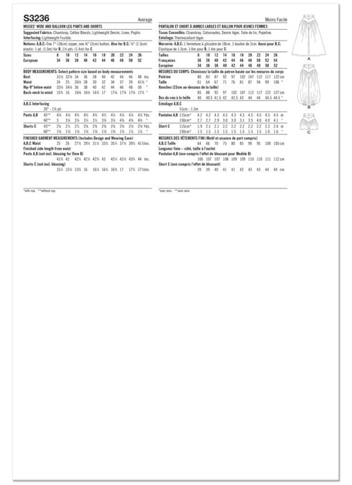 Simplicity Sewing Pattern 3236 Misses' Wide and Balloon Leg Pants and Shorts from Jaycotts Sewing Supplies