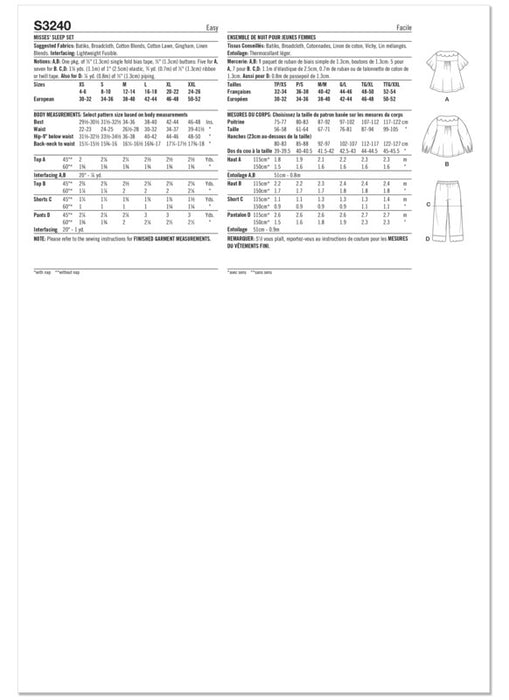 Simplicity Sewing Pattern 3240 Misses' Sleep Set from Jaycotts Sewing Supplies