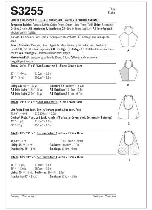 Simplicity Sewing Pattern 3255 Slouchy Oversized Totes from Jaycotts Sewing Supplies