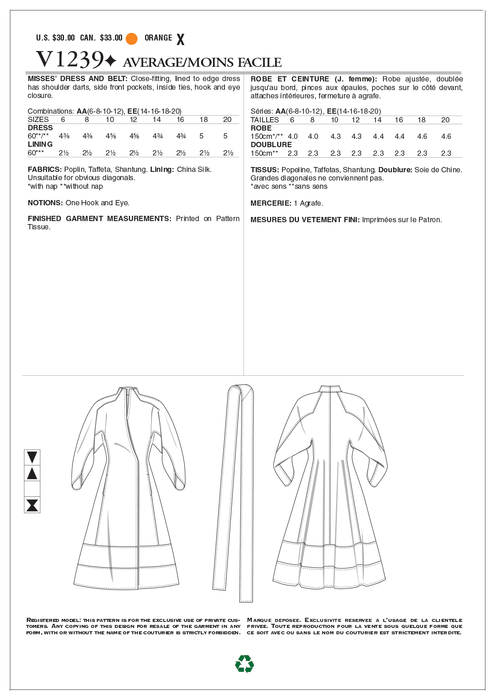 Vogue Pattern 1239  Misses' Dress and Belt from Jaycotts Sewing Supplies