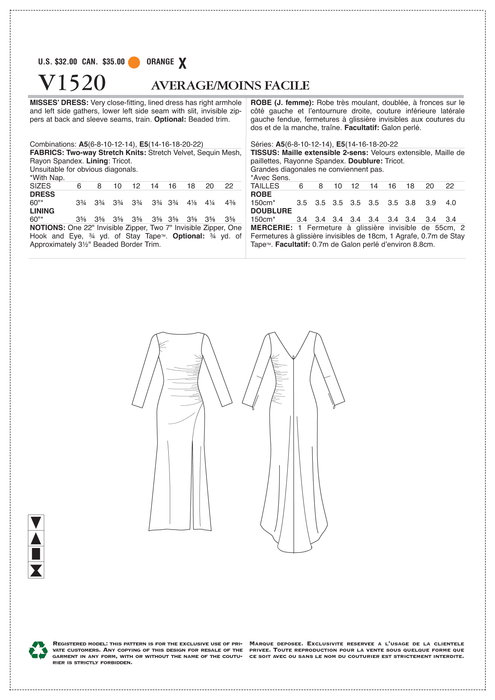 Vogue Pattern 1520 MISSES' DRESS from Jaycotts Sewing Supplies