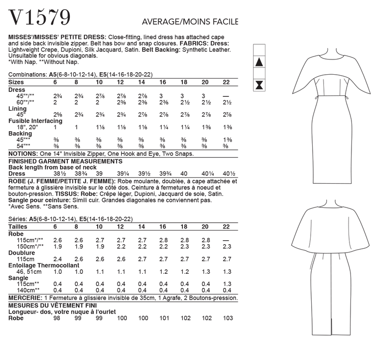 Vogue Pattern 1579 MISSES' PETITE DRESS from Jaycotts Sewing Supplies