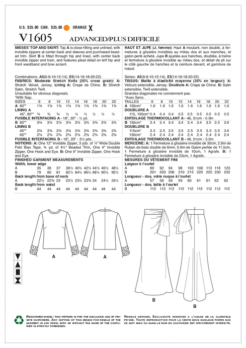 Vogue Pattern 1605 misses Top and Skirt from Jaycotts Sewing Supplies