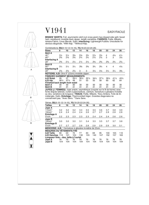Vogue Sewing Pattern V1941 Misses' Skirts from Jaycotts Sewing Supplies