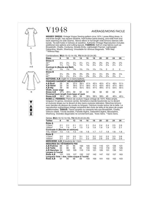 Vogue sewing pattern 1948 Misses' Dress 1970's from Jaycotts Sewing Supplies