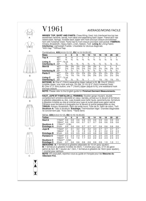 Vogue sewing pattern 1961 Misses' Top, Skirt and Pants from Jaycotts Sewing Supplies