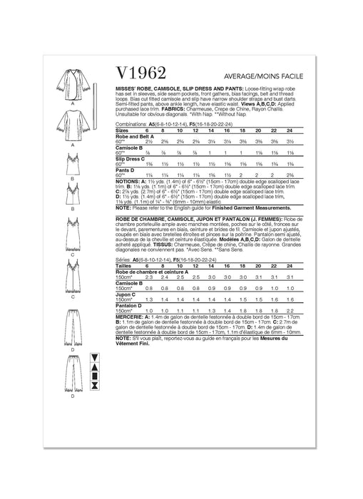 Vogue sewing pattern 1962 Robe, Camisole, Slip Dress and Pants from Jaycotts Sewing Supplies
