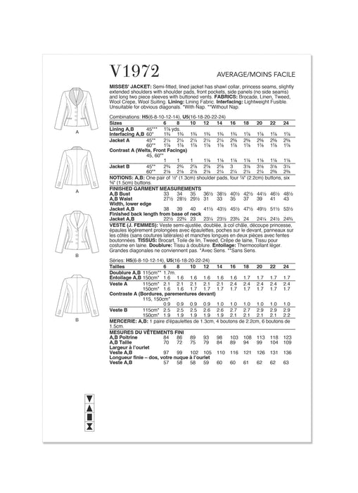 Vogue Sewing Pattern 1972 Misses' Jacket from Jaycotts Sewing Supplies